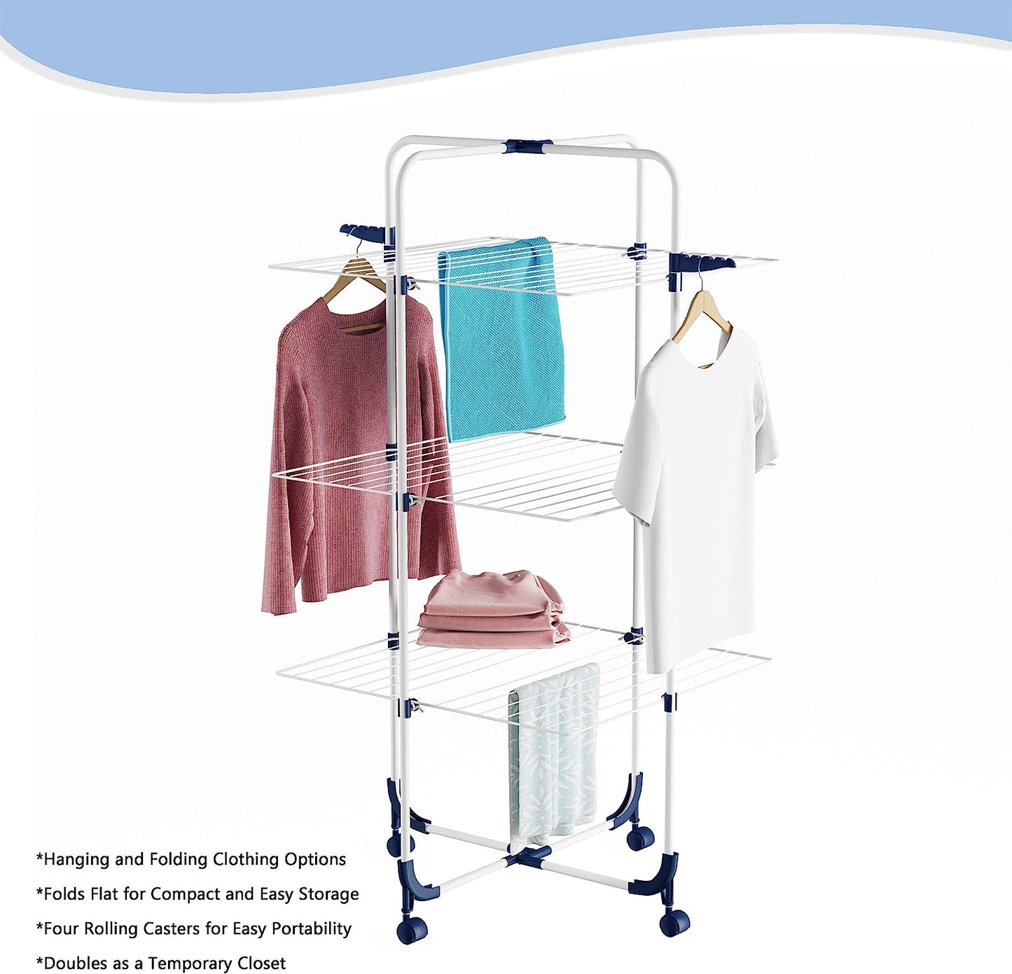 Home Clothes Rack – 3-Tiered Laundry Station with Collapsible Shelves and Wheels for Folding