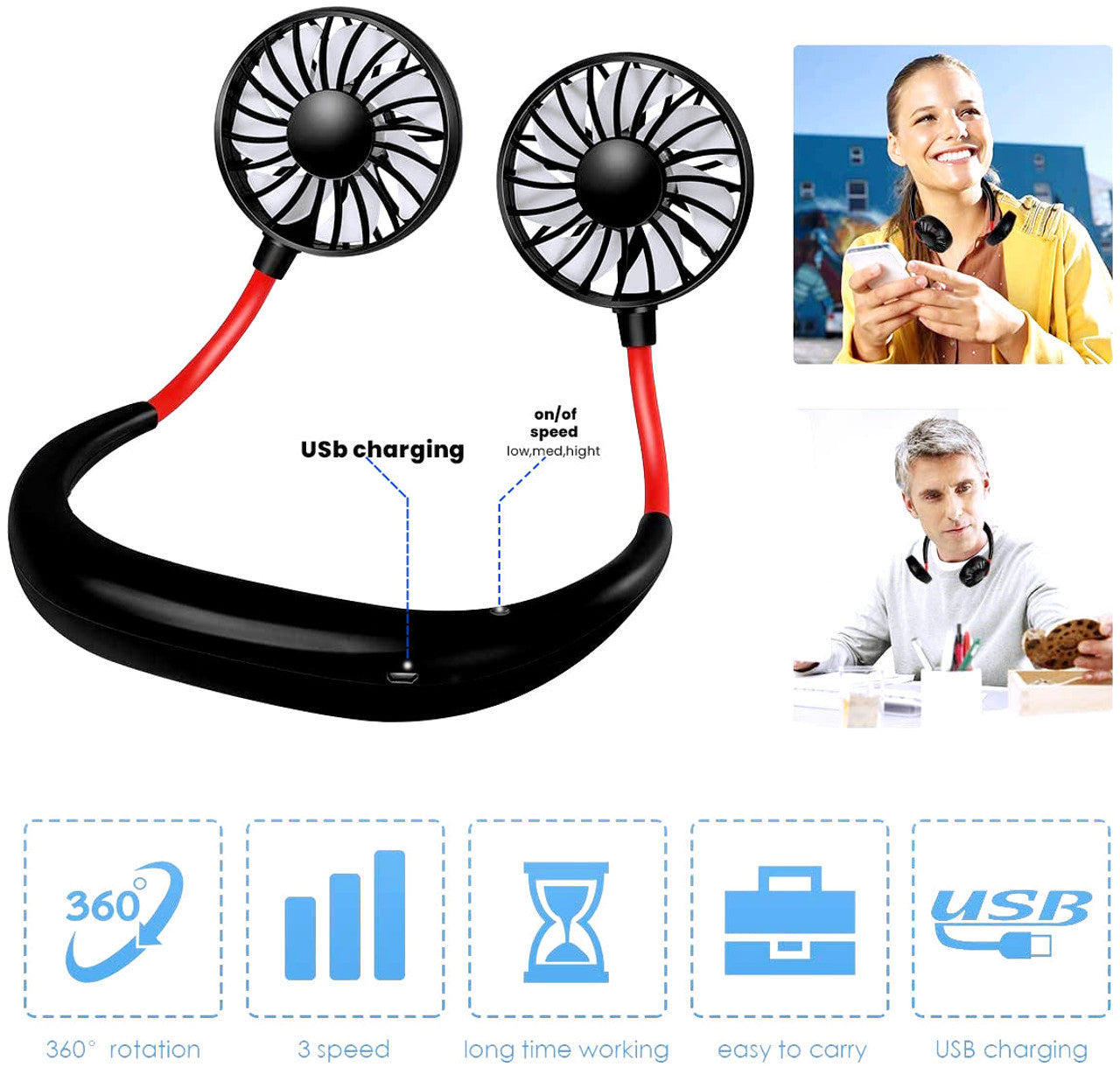 Portable Hanging Neck Sports Fan - Mini USB Portable Neckband With Rechargeable Battery Small Air Cooler Conditioner